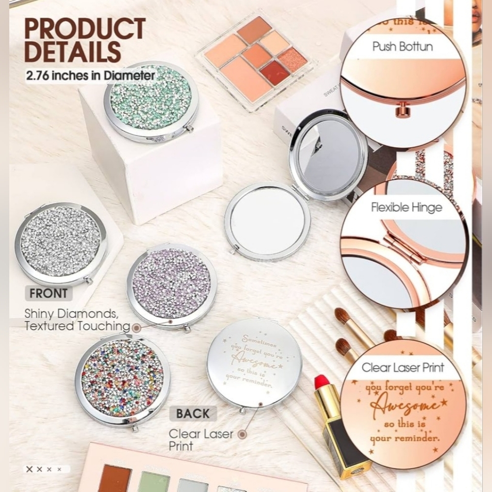 Compact Makeup Double Sided Mirror w/ Inspirational Quote & Bling - Picture 4 of 5